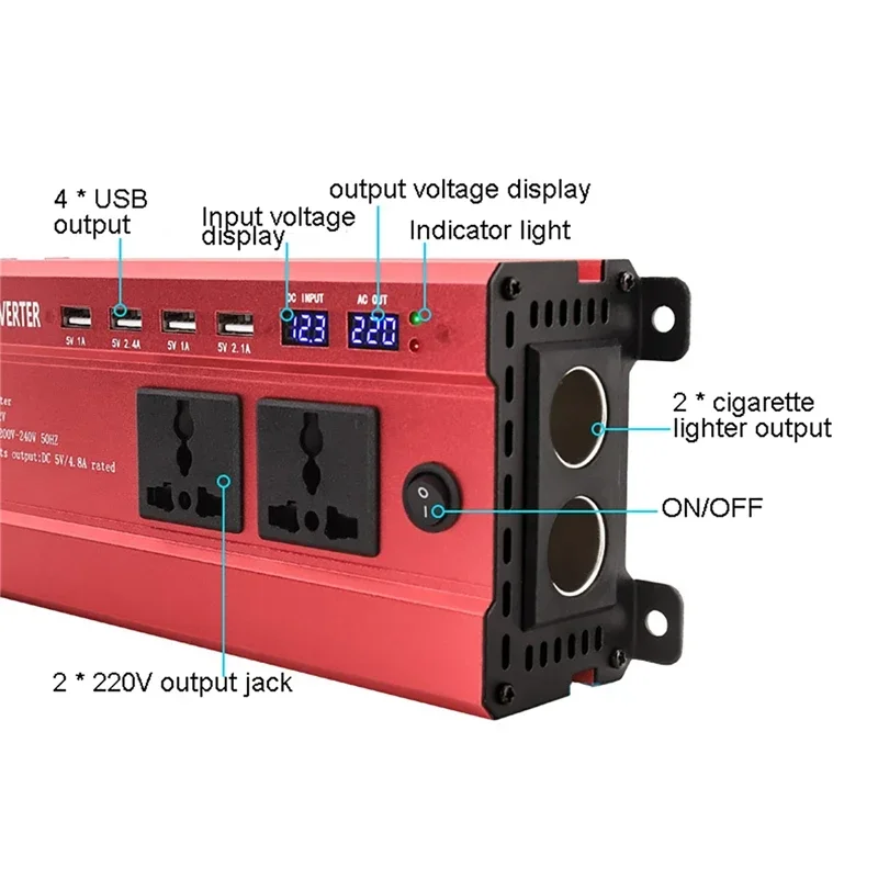 Power Inverter 4 USB Interface Transformer 1200W 12V/24V to 220V LED Car Converter Charger Adapter Modified Sine Wave