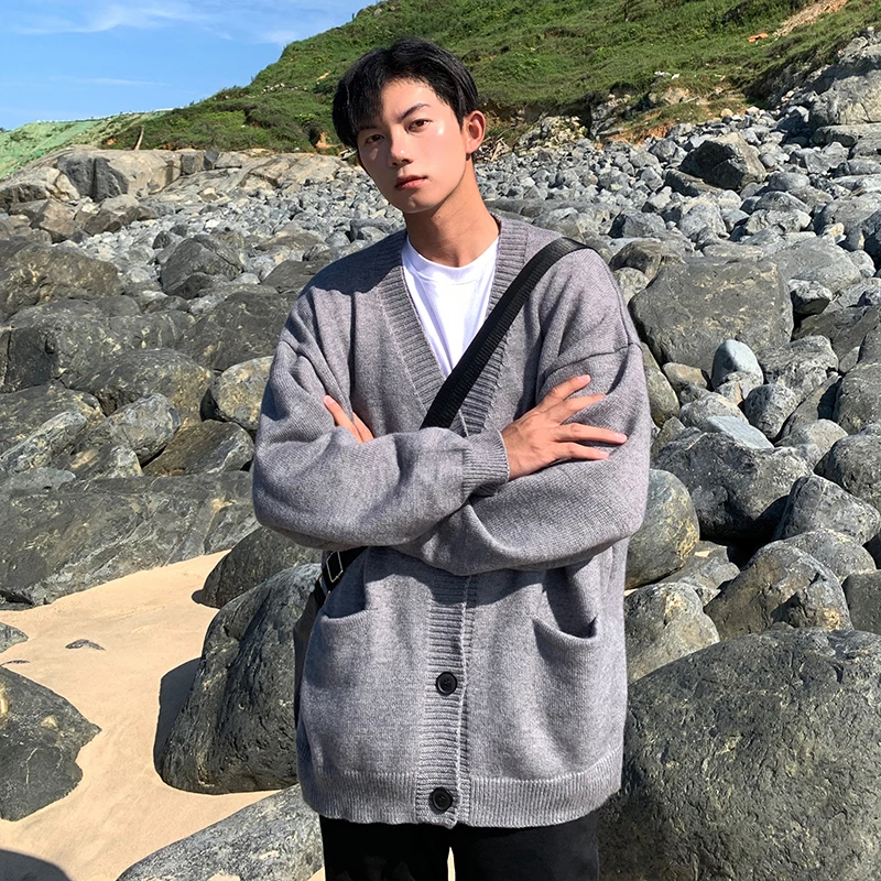 

Американский ретро-кардиган с V-образным вырезом, вязаный свитер, весенне-осенний мужской свободный трикотажный жакет для подростков