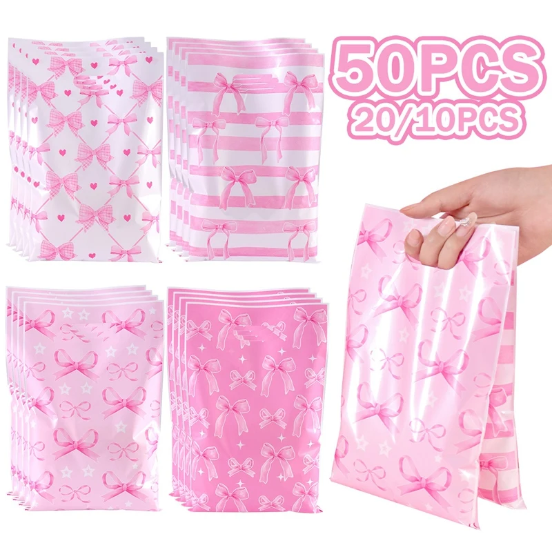 10/20/50 unidades de sacolas de presente com laço rosa, sacolas de doces para festa de aniversário, sacolas de presente para meninas, suprimentos para chá de bebê e noivado