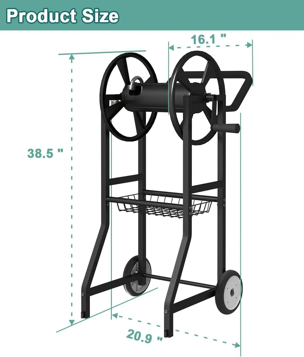 ホイール付きガーデンホースリールカート、屋外用ヘビーデューティーパウダーコーティングスチール製ウォーターワインダー収納、125フィート5/8インチホースと3.9フィートに対応