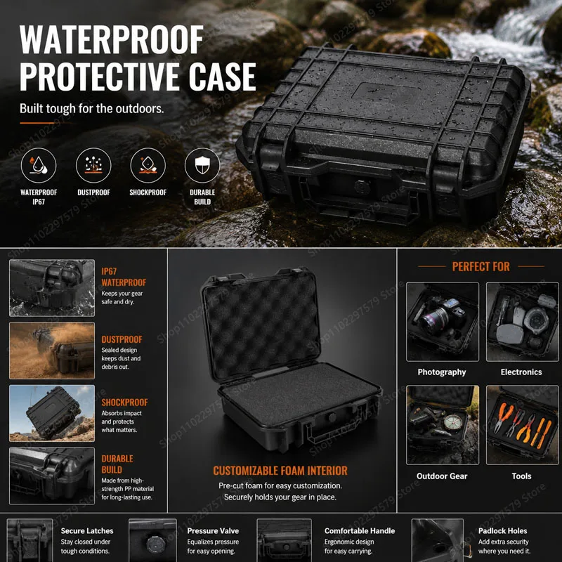 Portable Waterproof And Dustproof Hard Shell Tool Case With Pre-Cut Foam Storage And Pressure Relief For Home And Outdoor Use.