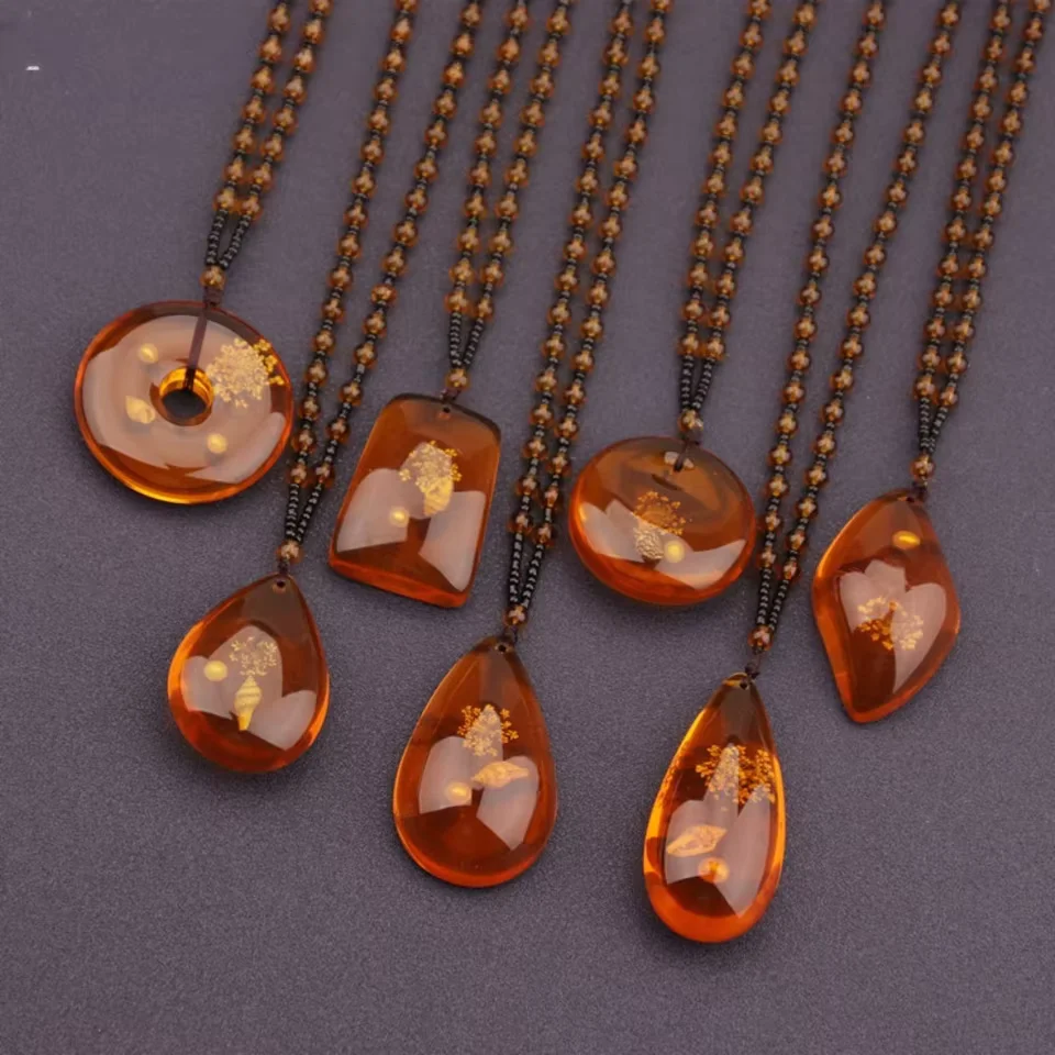 Ethnic Retro Inlay Plant Specimens Amber Beeswax Water Drop Jade Donut Pendant Necklace for Women Men Fashion Jewelry