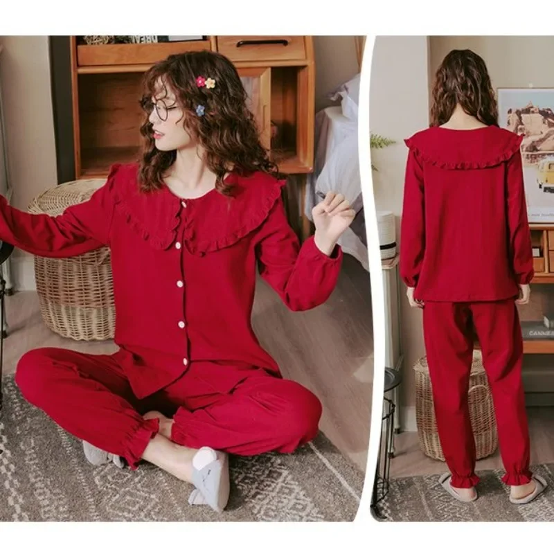 Pijama feminino de algodão manga longa, bonito loungewear, cardigan, colarinho de boneca, pijama solto, terno vermelho Homewear, plus size, outono, novo, 2022