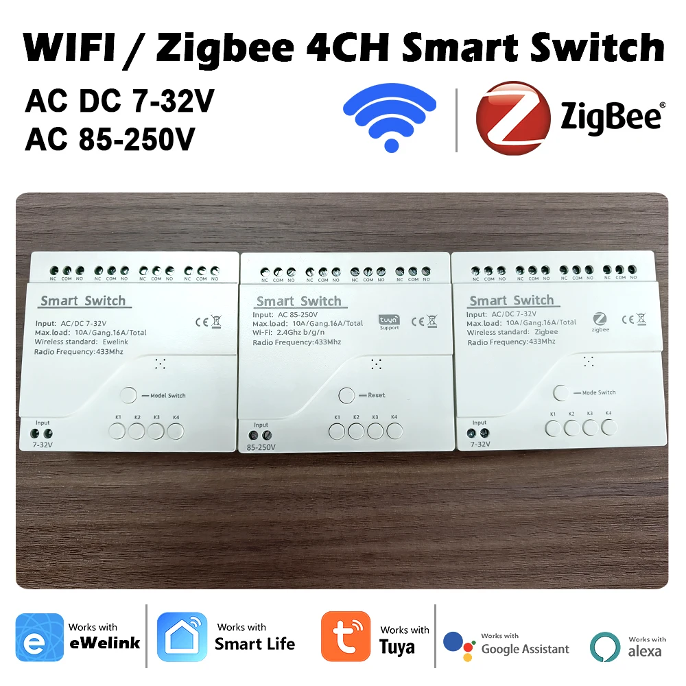 

4 Channel Wifi / Zigbee Intelligent Remolte Control Switch Tuya / Ewelink 12V 24V 110V 220V 230V Relay RF433 Controller Voice