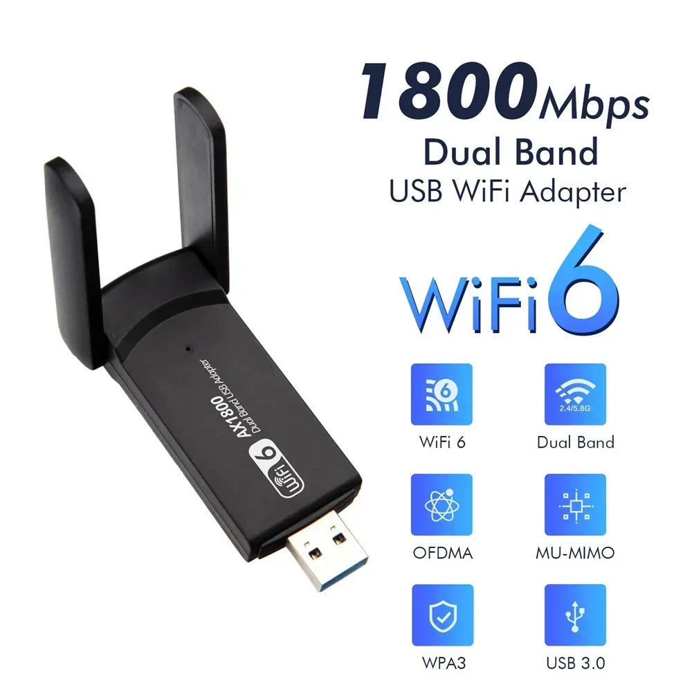 1800Mbps WiFi 6 USB Adapter 802.11AX 2.4G/5GHz USB3.0 Wireless Network Card Antenna Wi-Fi Dongle MT7921AU for Win 10/11 PC