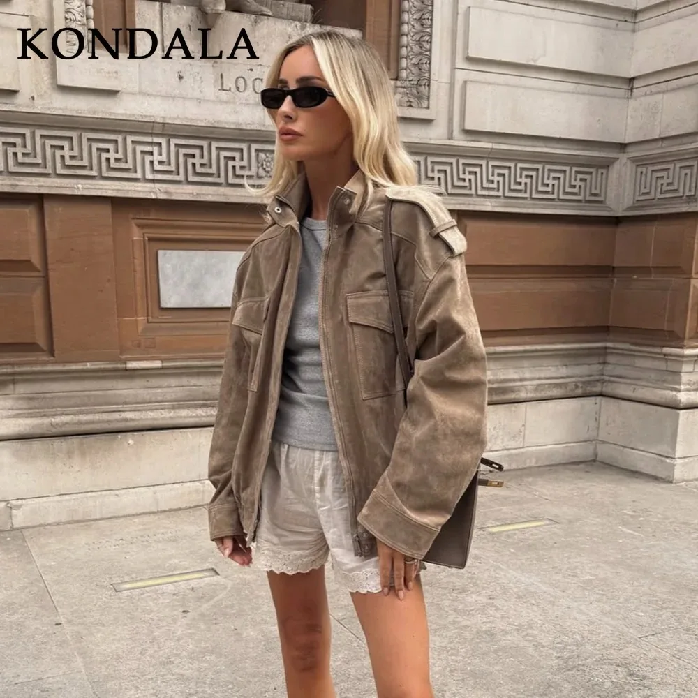 

KONDALA 2025 Fall Winter Suede Streetwear Women Jackets Fashion Khaki Elegant Zip Up Turtleneck Ladies Solid Chic Jackets