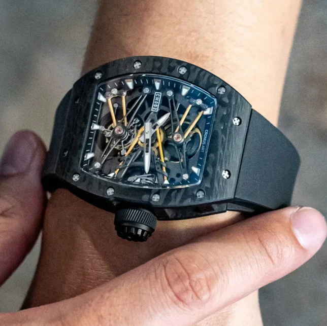 CRONUSART Men Tourbillon Watch 50mm Tonneau Mechanical Wristwatch Carbon Fiber Case Luminous Fluororubber Strap Skeleton Dial