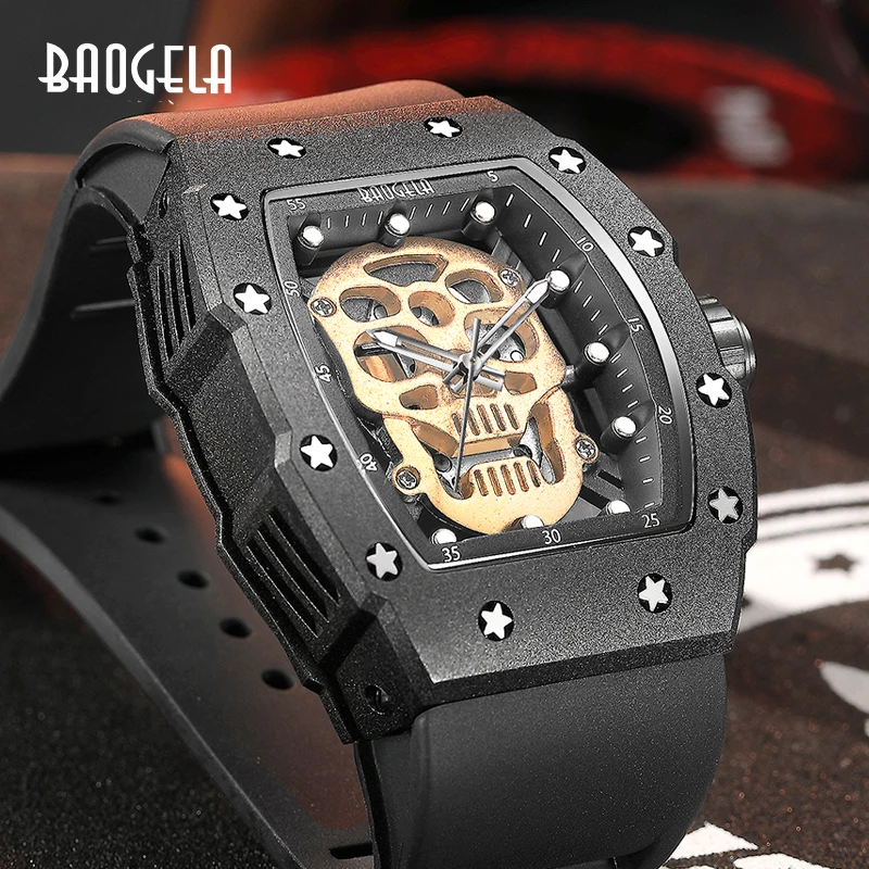 BAOGELA Skull Tonneau Watch Top Brand Quartz Stainless Steel Watches Waterproof Creative Clock Silicone Strap Wrist Watch Rose