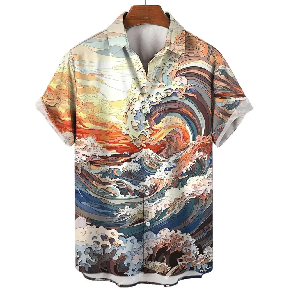 

2024 New Shirts For Mens Short Sleeve Tops Japanese Style Ukiyoe Graphic Clothes Oversized Summer Apparel Streetweat Male Shirts