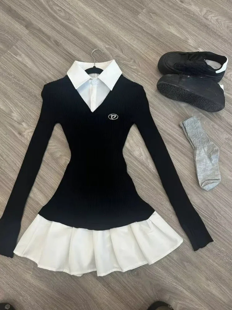 Vrouwen Gyaru jaren 2000 esthetische vintage lange mouw eendelig 2025 nieuwe preppy stijl nep twee stukken mini gebreide shirts jurk