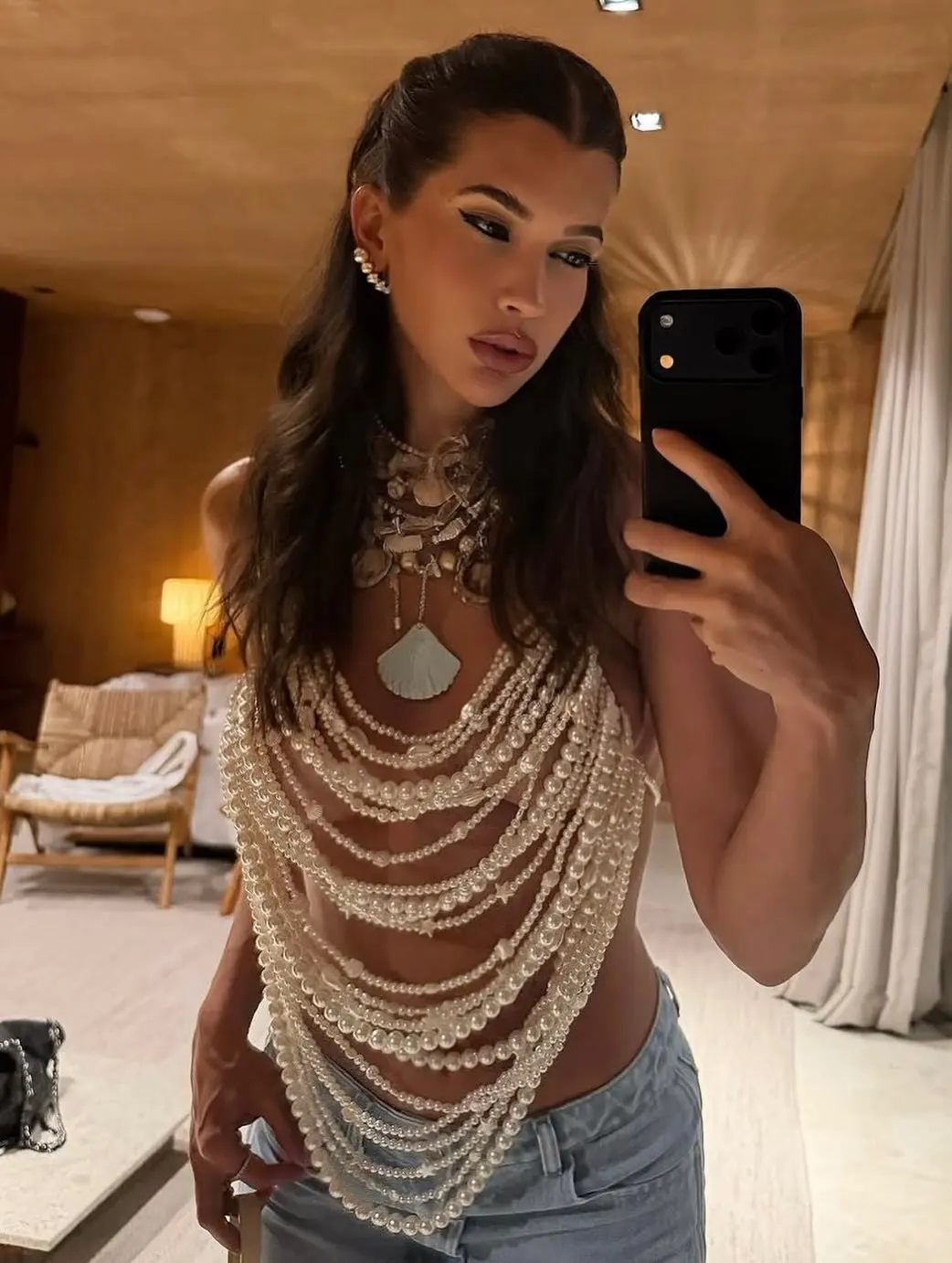 L7585Y Luxury Multi-Layer Pearl Festival Top Small Vest Chest Chain Cross-Border Women's A-Line Short Backless Vest