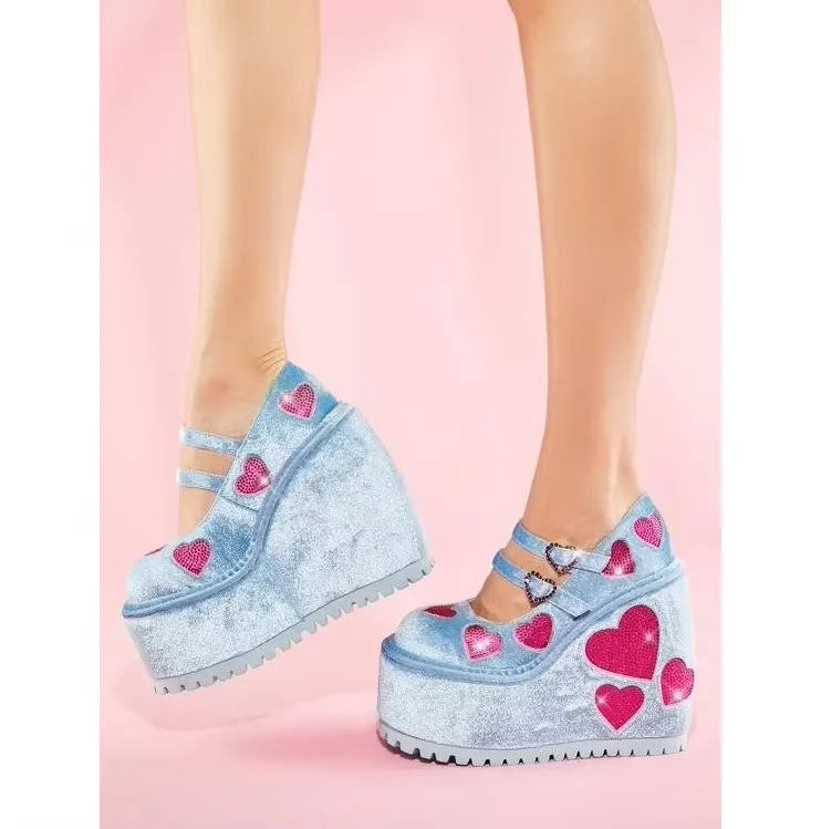 Suede Platform Wegdes Sweet Heart Pumps Shoes Lady Wedges High Heel Round Toe Buckle Marry Jane Shoes Girl Dress Shoes Patchwork