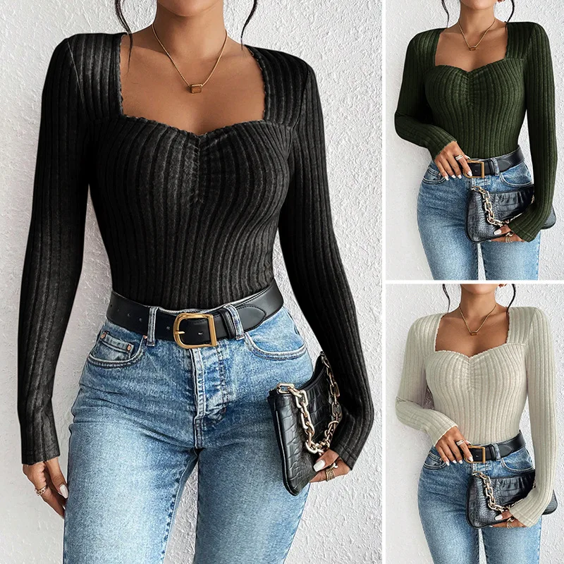 

Square-neck Sexy Top, Long-sleeved Base Shirt For Women, New Autumn And Winter Slim-fit Knitted Base Top Beach Boho Sexy