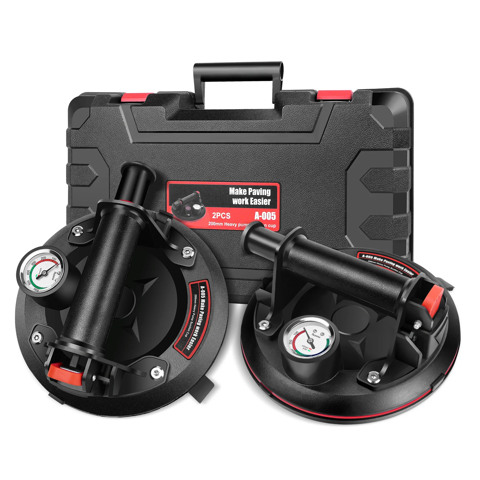 Set of 2 8" Suction Lifters Glass Suction Cups with Pressure Gauge, Tile Lifter Vacuum Suction Lifter Max. load Capacity 400kg