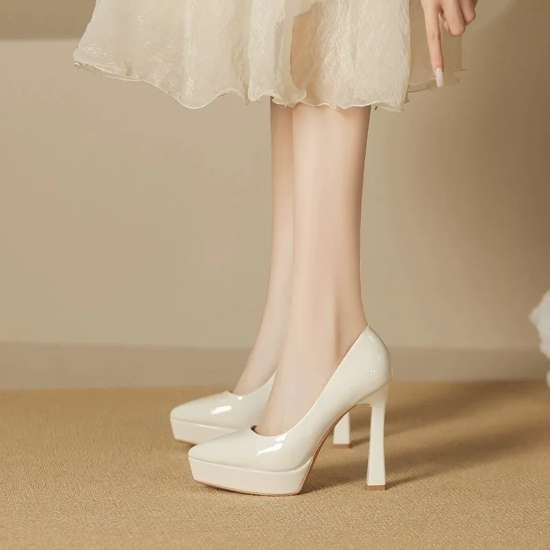 سوبر عالية الكعب وأشار الضحلة براءات الاختراع والجلود عالية الكعب موضة أحذية أنيقة النساء كعب رقيقة منصة أحذية عمل Pumps2025 #2