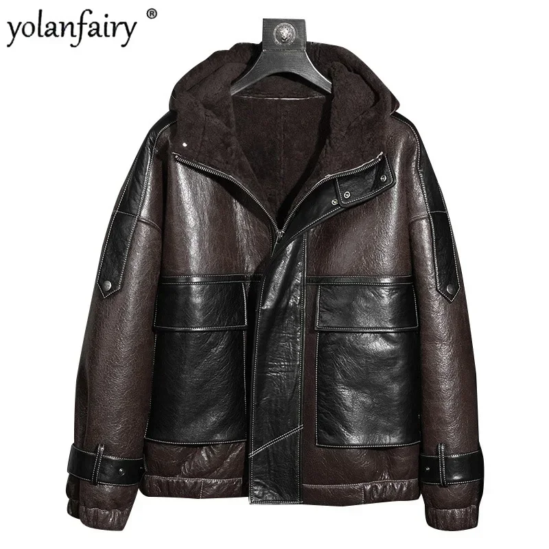 Original Natural Fur Coat Men's Leather Jacket Short Hooded Fur Jackets for Men Winter New Loose Real Fur Clothes Male Clothing