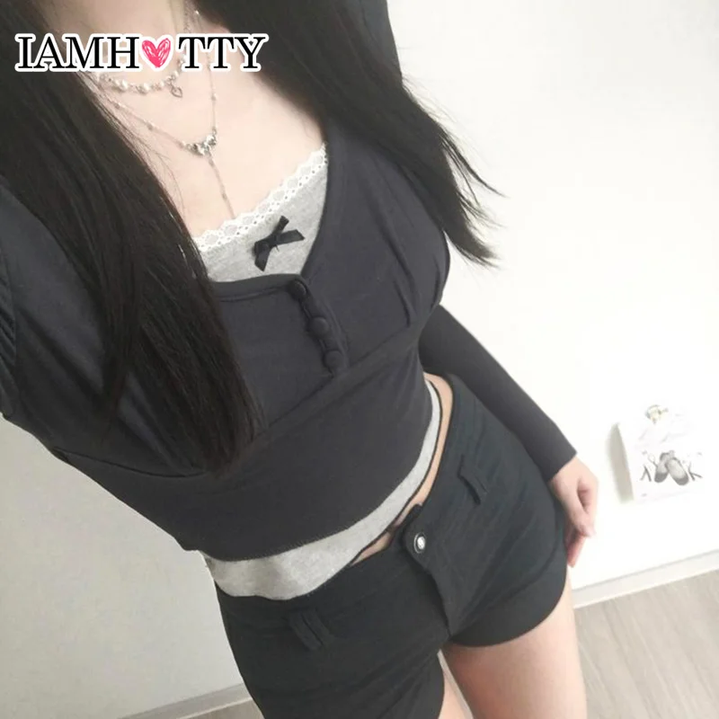 IAMHOTTY Y2K Contrast Color Fake Two-piece Cropped Top Women's Long Sleeve T-shirts Square Collar Bow Decorate Tees Cute Korean