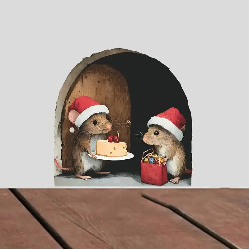 VIKAMA Christmas Mouse Door Openings Wall Sticker, Self-Adhesive Creative 3D Sticker for Living Room Entrance Room Decor