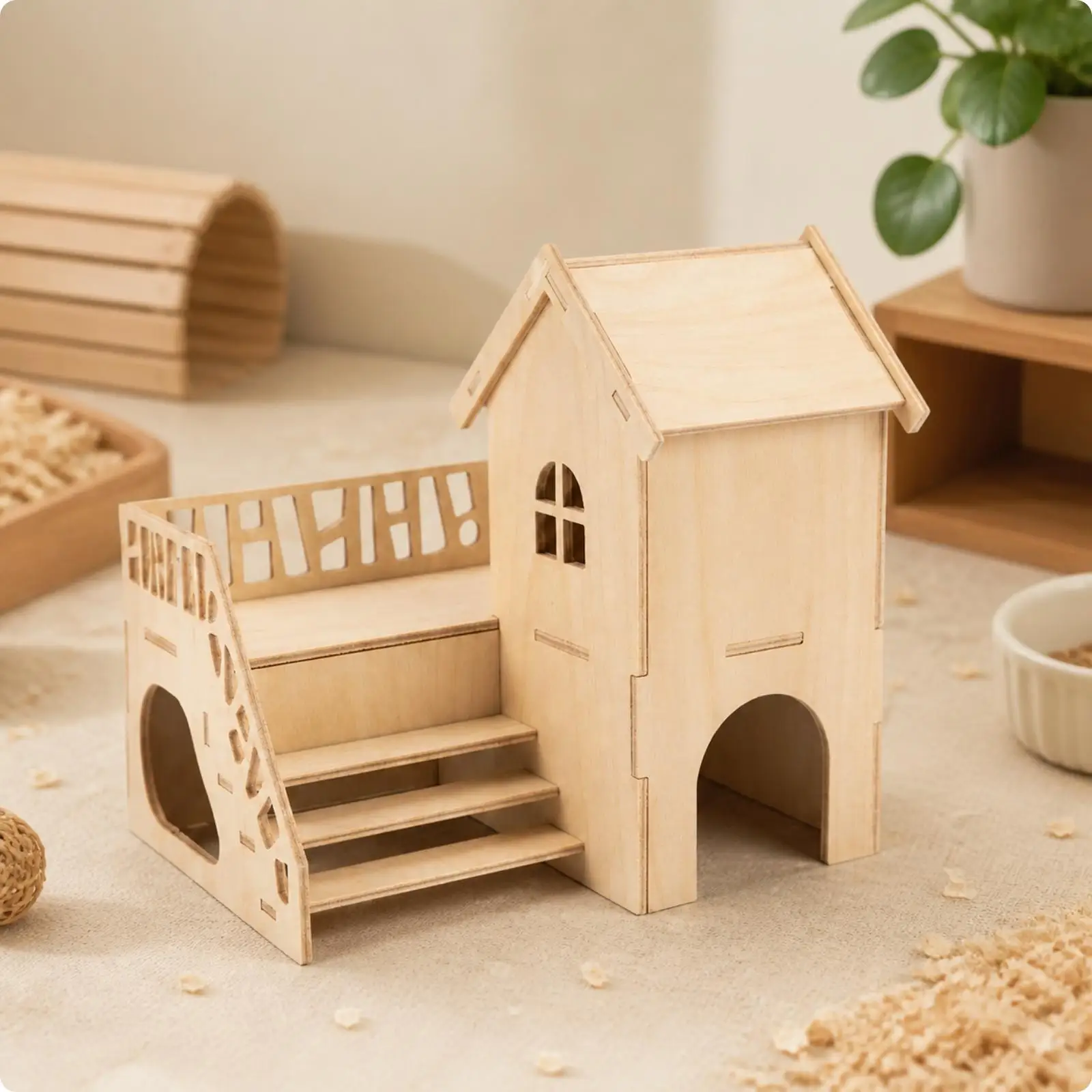 Wooden Hamster Hideout Castle Multi Level Villa with Staircase for Hamster Cage Indoor Play House