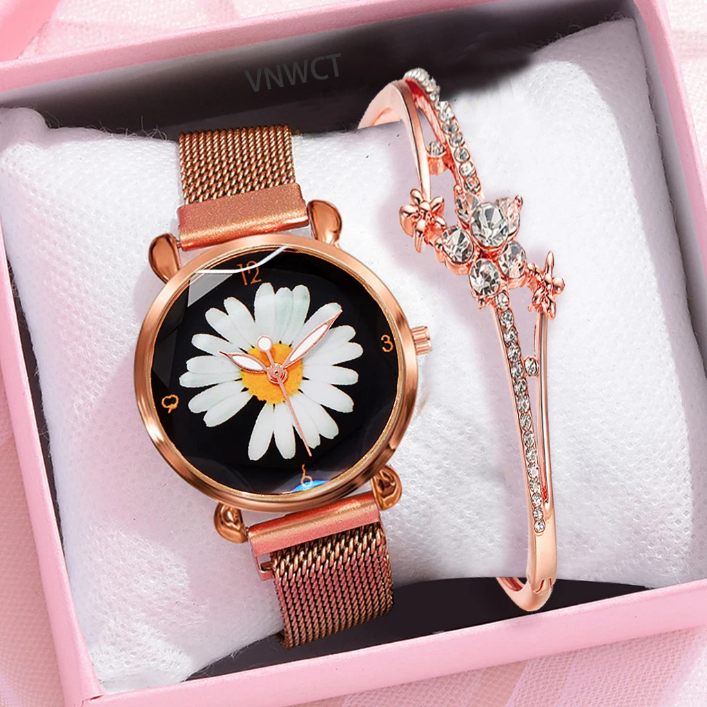 

Luxury Women Watch Small Daisies Women Magnet Buckle Simplicity Watch Ladies Stainless Steel Quartz Watch Relogio Feminino