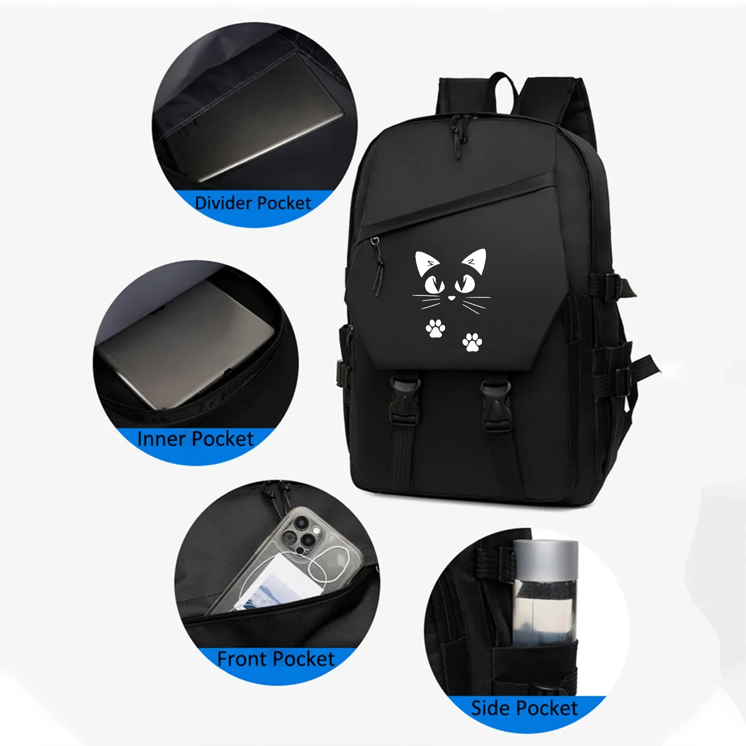 Cute Cat Print Lightweight Laptop Backpack - Roomy Travel Commuter Bag, Adjustable Shoulder Straps, Side Pockets, Durable Polyes