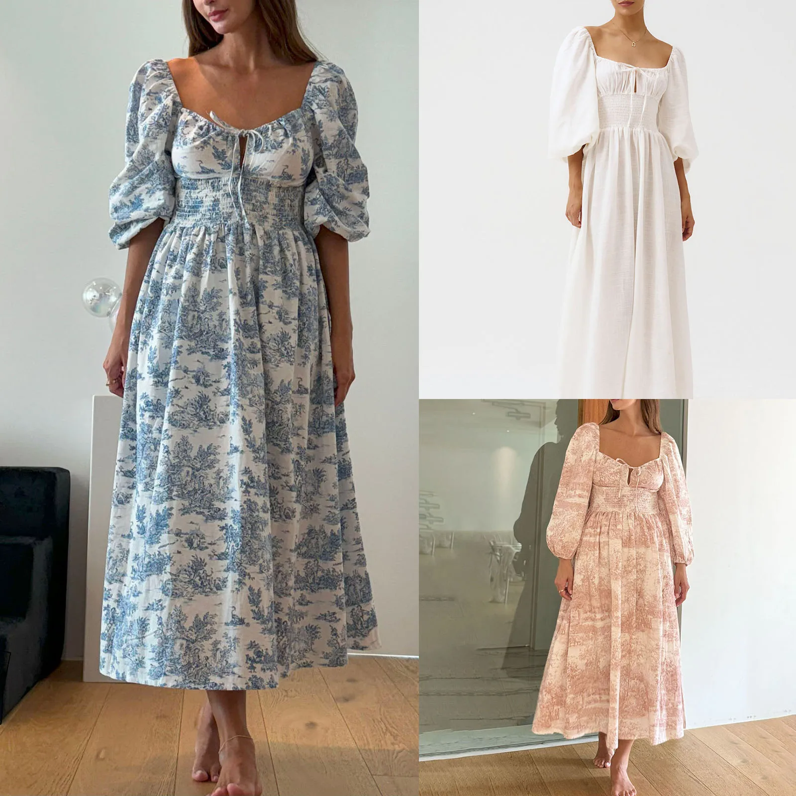 Robe trapèze smockée à manches longues lanterne pour femmes, robe décontractée, nœud floral, robes de soirée, été, nouveau, 2025