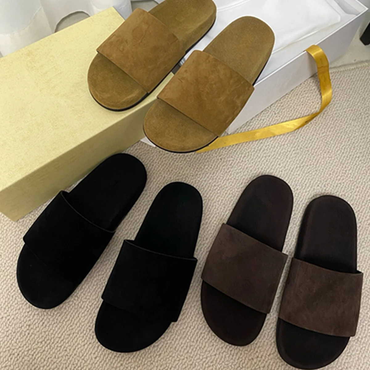 

Jenny&Dave French Lazy Fashion Slippers Retro Minimalist Cow Suede Comfortable Breathable Flat Shoes Summer Sandals Women