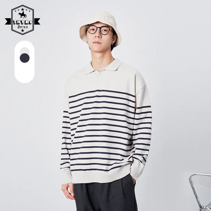 

Men's AutumnWinter Sweater Simple Lapel Striped Long Sleeves Pullover Causal Unisex Loose Korean Couple Knitted Top Men Clothes