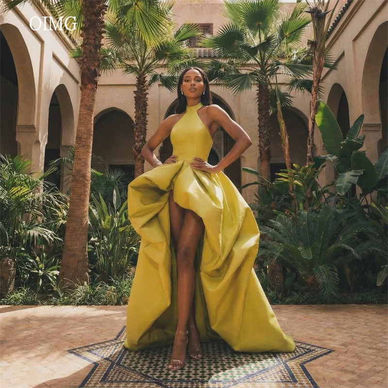 

OIMG Modern Yellow Halter High-Low Formal Prom Gowns Backless Ruffled Evening Dress Asymmetrical Party Dresses Customized
