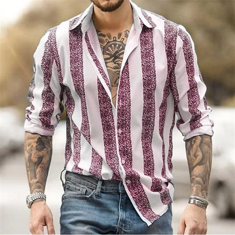 Striped men\'s business casual printed shirt outdoor work daily spring and summer long-sleeved stretch fabric shirt