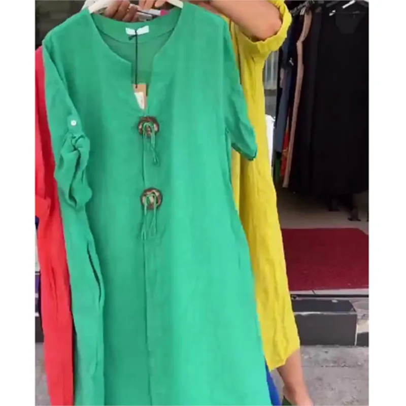 2025 Autumn Solid Maxi Dresses For Women Casual Loose Long Sleeve V Neck Button Streetwear Vacation Basic Dress Vestido Elegante