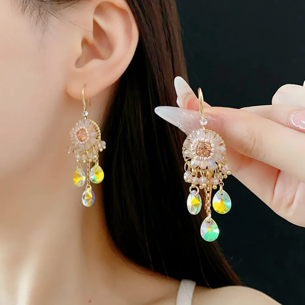 Exotic Boho Gold Color Radiant Floral Pavé Zircon Teardrop Simulated Crystal Tassel Dangle Earrings for Women Banquet Jewelry