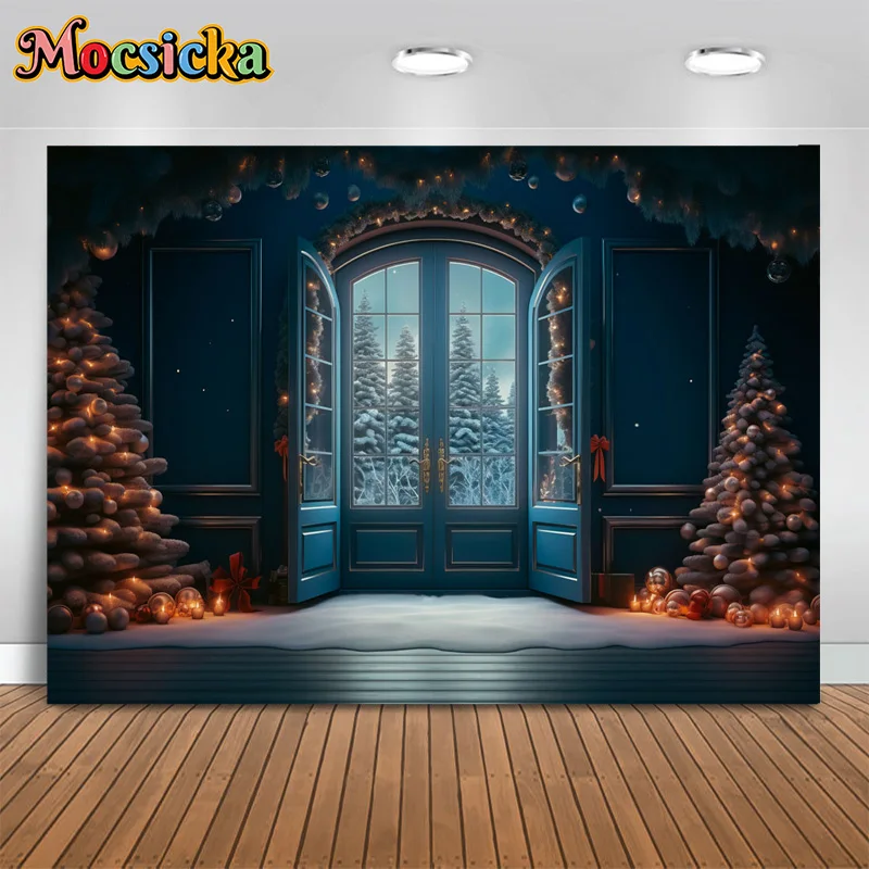 

Xmas Photography Background Christmas Tree Windowscape Forest Backdrop New Year's Eve Birthday Party Family Photo Studio Banner