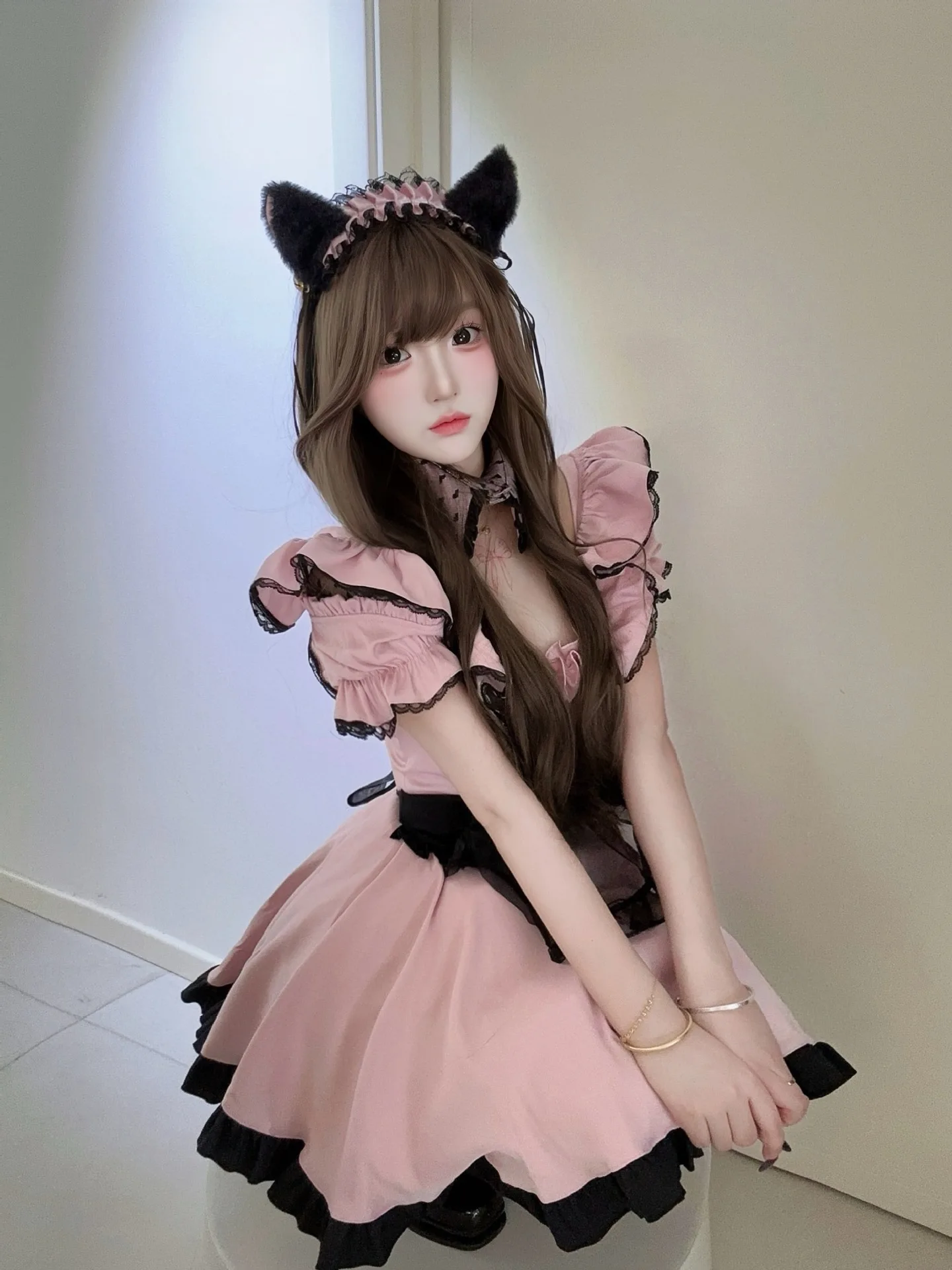 새로운 일본식 귀여운 메이드 복장 코스프레 달콤한 소녀 레이스 고양이 메이드 복장 세트 로리타 스커트 할로윈 메이드 복장 로리타