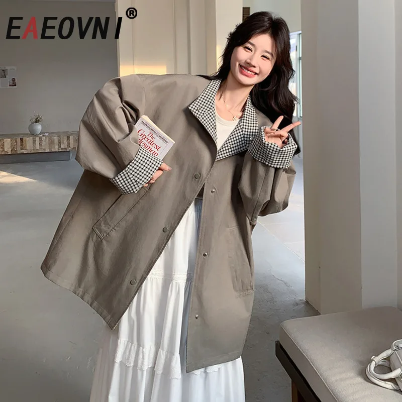 

EAEOVNI 2025 Новый женский плащ, двусторонняя одежда, свободная ветровка средней длины на пуговицах с лацканами, повседневная осенняя куртка, модная