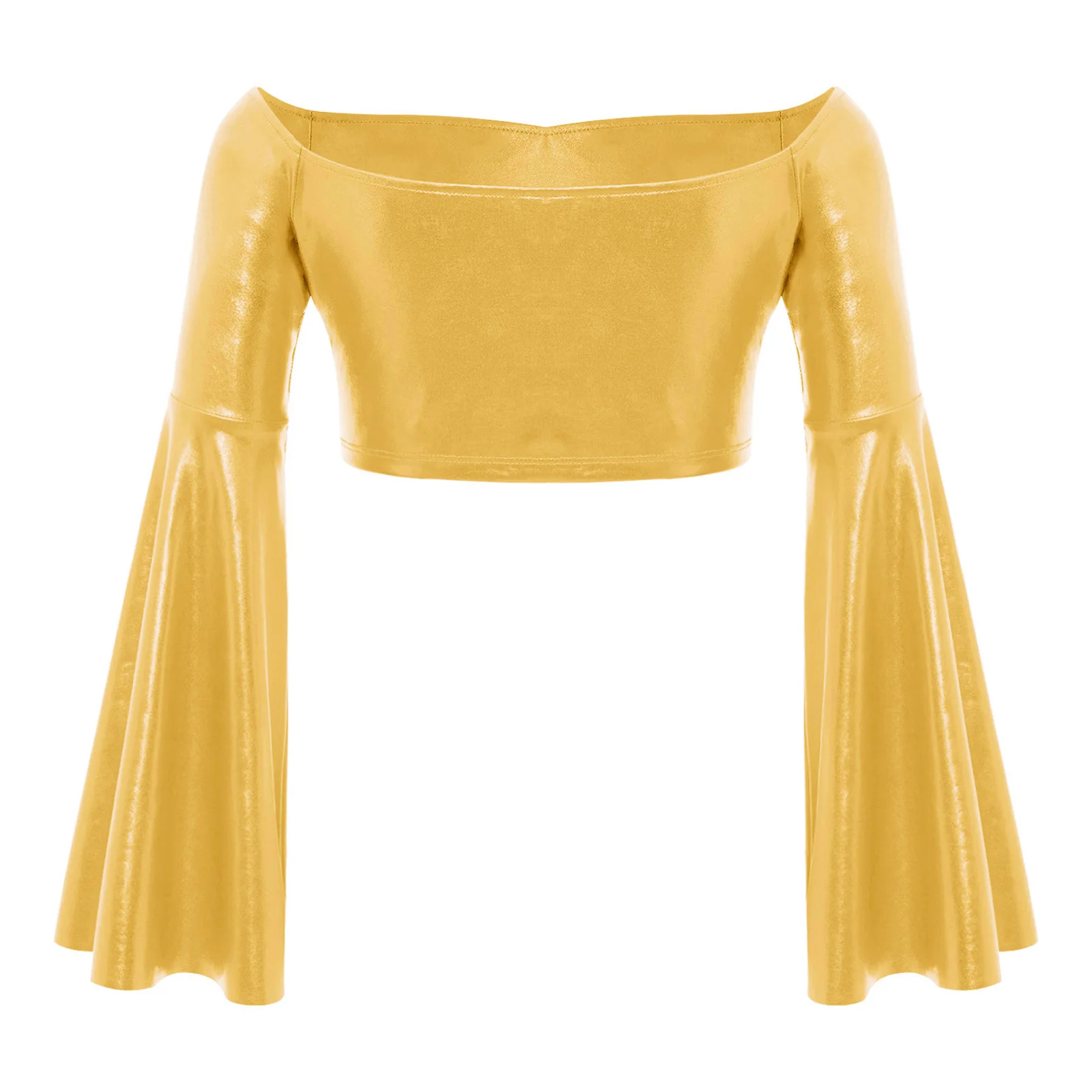 قميص علوي للفتيات لرقص الجاز بأكمام طويلة وأكتاف مكشوفة معدنية لأداء مرحلة التصوير الفوتوغرافي لحفلات أعياد الميلاد