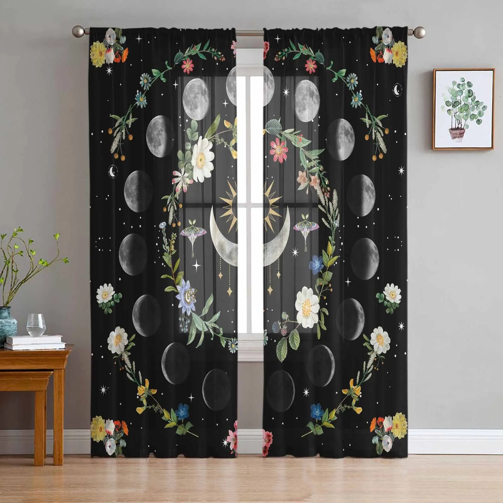 Moonlight Flower Vintage Tarot Stars Voile Sheer Curtains Living Room Window Tulle Curtain Kitchen Bedroom Drapes Home Decor