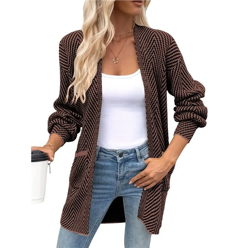 

Женский осенний кардиган CYL с длинными рукавами, в полоску, с открытым передом, крупной вязки, в стиле пальто