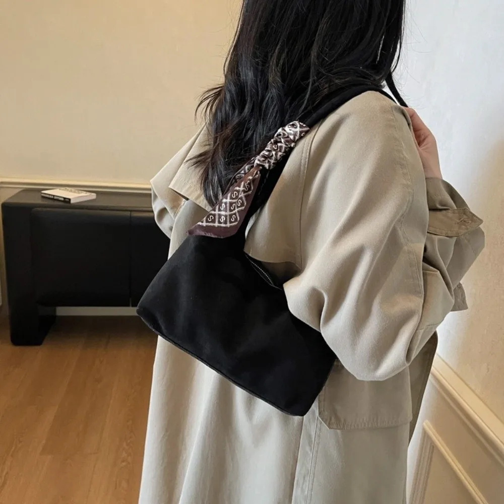 

Fashion Faux Suede Underarm Bag Solid Color with Silk Scarf Decoration Shoulder Bag Daily Use with Zipper Tote Bag Women