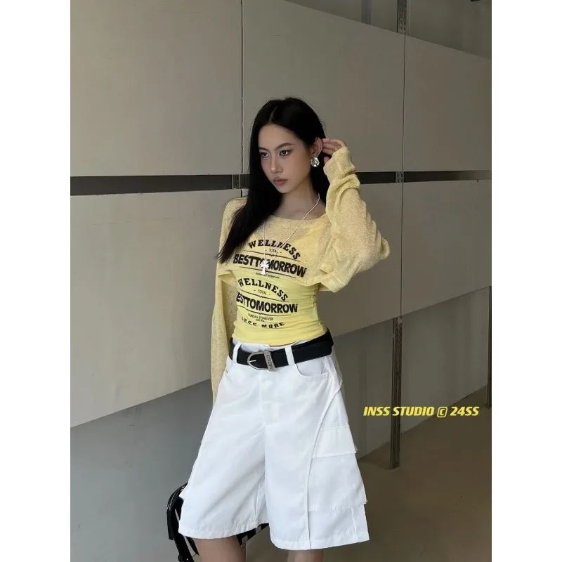 Mesh Printed Off-shoulder Top for Women Early Autumn Thin Slim Fit Short Sun Protection Long-sleeved T-shirt Two-piece Set