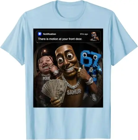 John Pork Tung-Tung-Tung Sahur 67 Meme Lustiges Brainrot T-Shirt „Es gibt Bewegung vor deiner Haustür“ Grafik-Bekleidung Neuartiges Geschenk – Detail 15