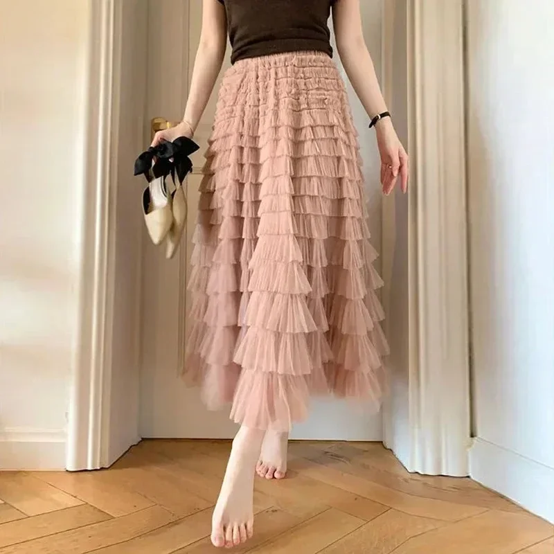 2024 Summer Women\'s Long Skirt Layered Ruffles Design Elegant Maxi Skirt Office Commuting Party Attire Autumn Elegant Skirt