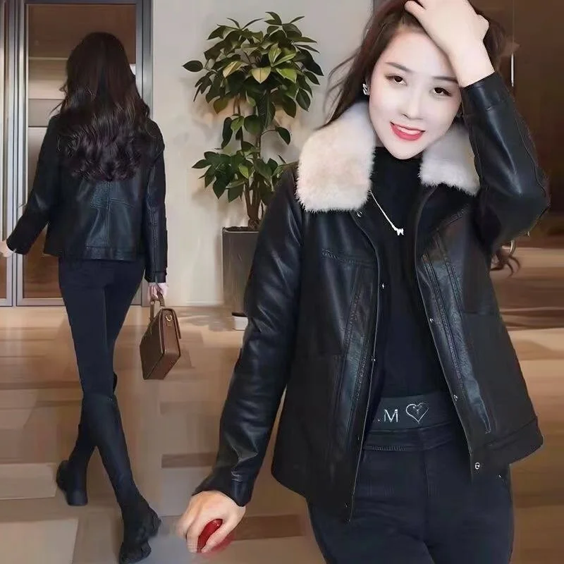 Ladies Biker Style Fleece Lined Thickened Winter Warm Cold Resistant Detachable Fur Collar Leather Jacket Motorcycle Clothes ...