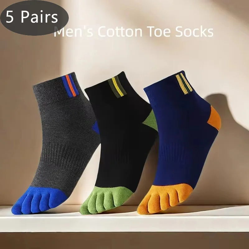 

5 Pairs Men5 Finger Socks Cotton Casual Breathable Elastic Sweat-Absorbing Striped Breathable Toe Athletic Sport Socks 4 Seasons