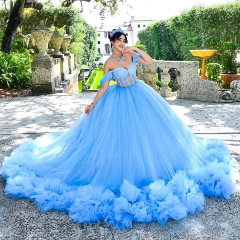 

Customized Sky Blue Quinceanera Dresses Ball Gown Off The Shoulder Applique Lace Beading Tull Corset Party Birthday Sweet 16