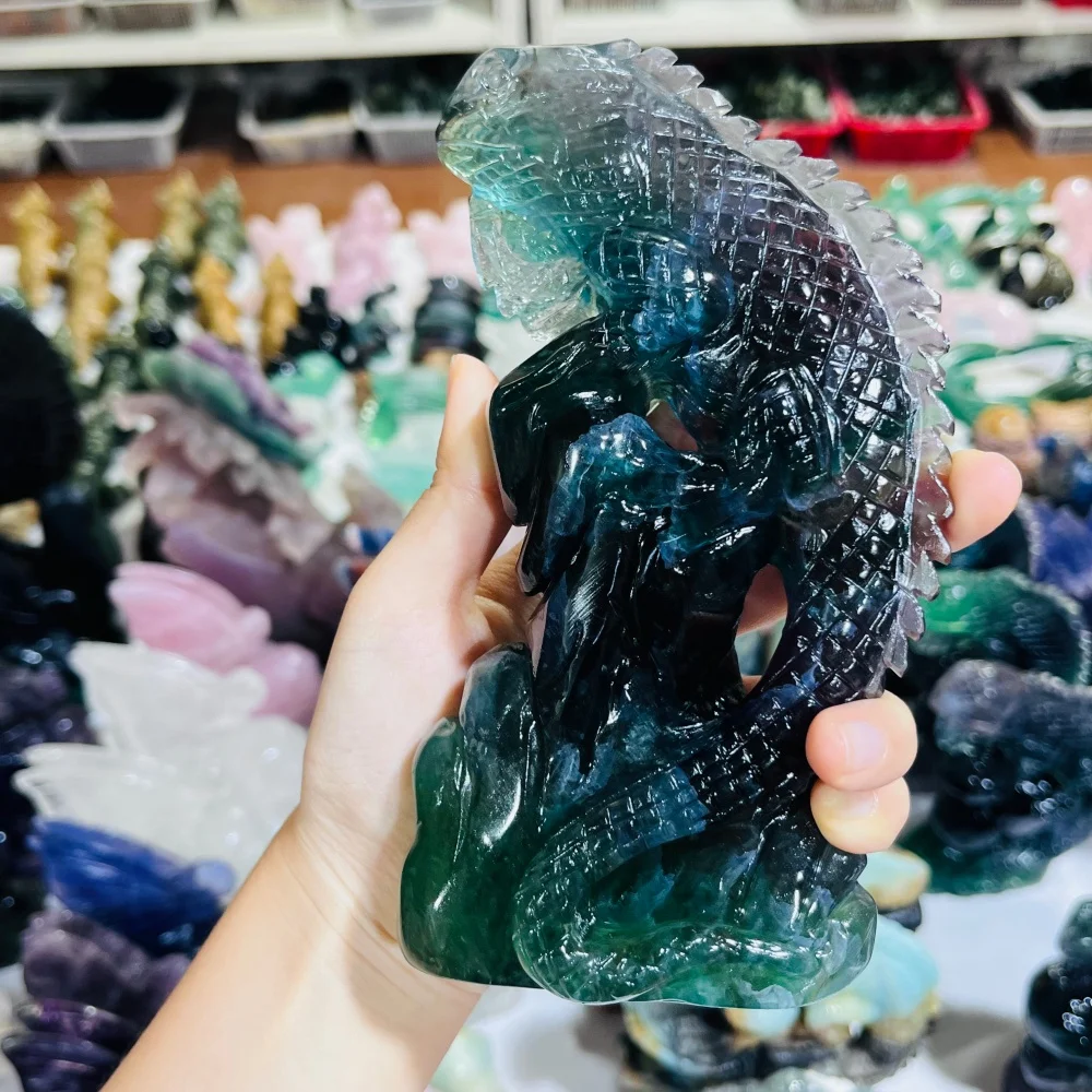 Hand Carved Natural Fluorite Lizard Crystal Statue - Unique Home Decor Collectible Gift - Crystal Sculpture