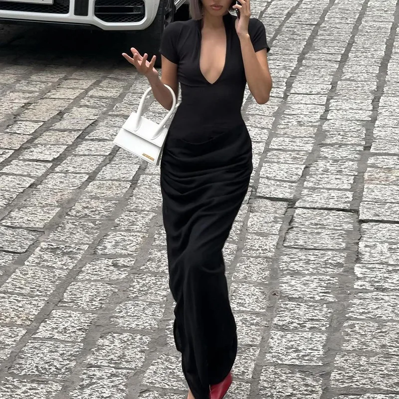

2025 Summer New Women's Sexy Deep V Short Sleeve Solid Color Spice Girl Long Dress
