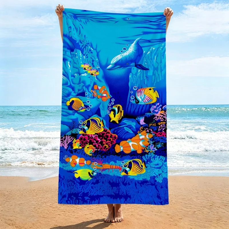 Newest Beach Towel Underwater Dolphin Tropical Fish Coral Reef Print Beach Towel Large Quick Dry Ocean Themed Towel