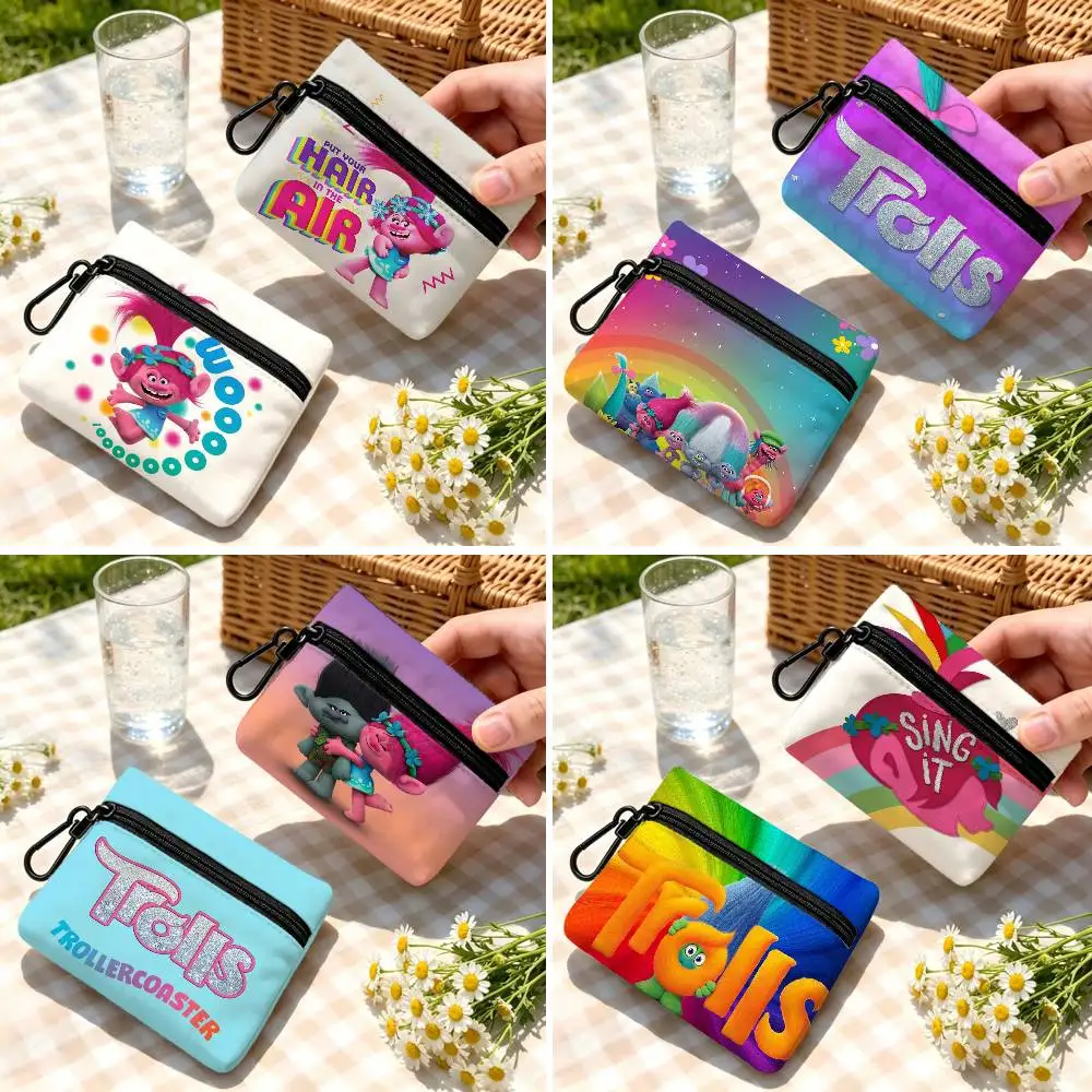 Dream Colorful Trolls Animated Movie Lightweight Oxford Fabric Coin Purse Carabiner Hook Design Mini Card Key Organizer Bag