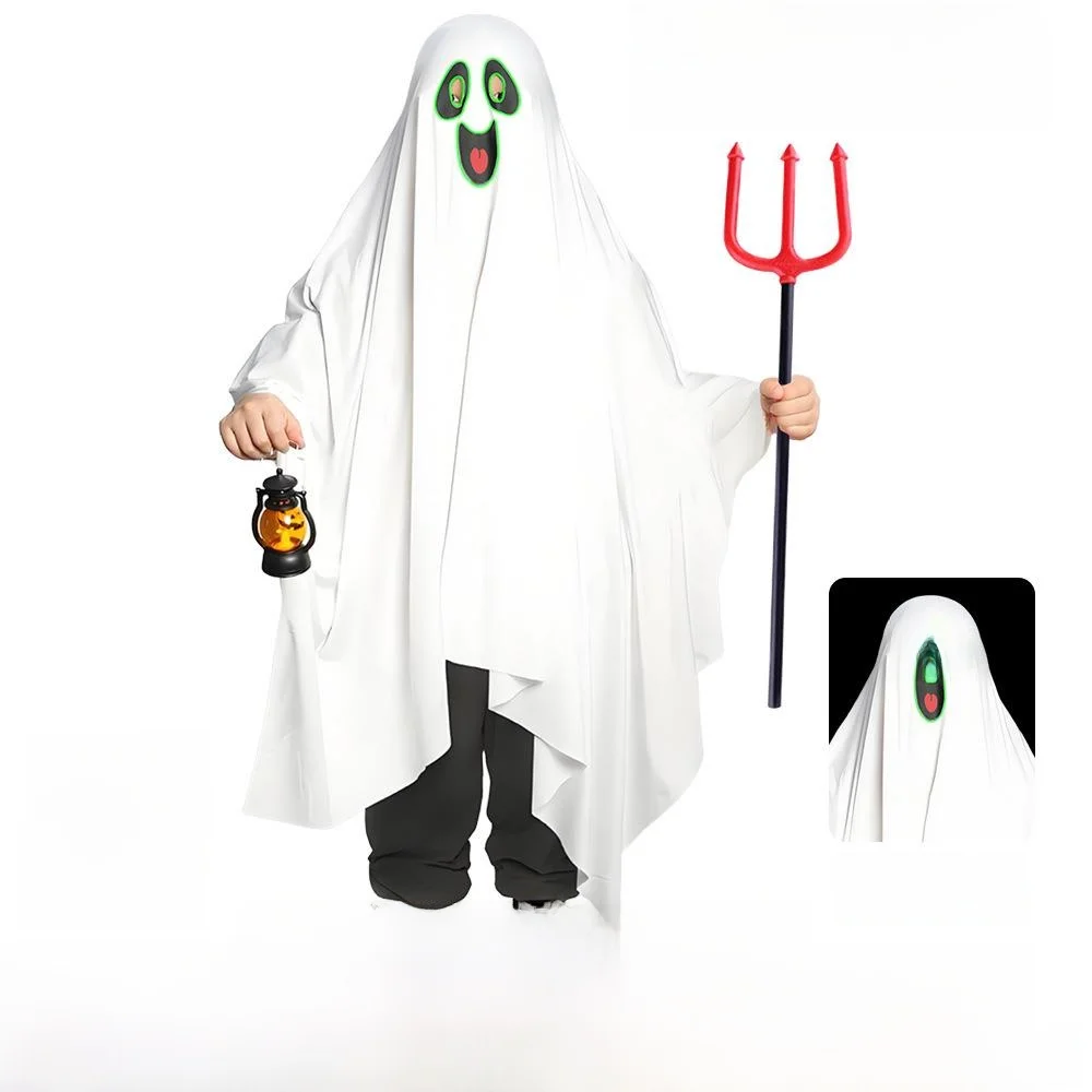 Glowing Ghost Face Skeleton White Robe Cape loween Costume Children's Night Outfit Adult Performance Costume